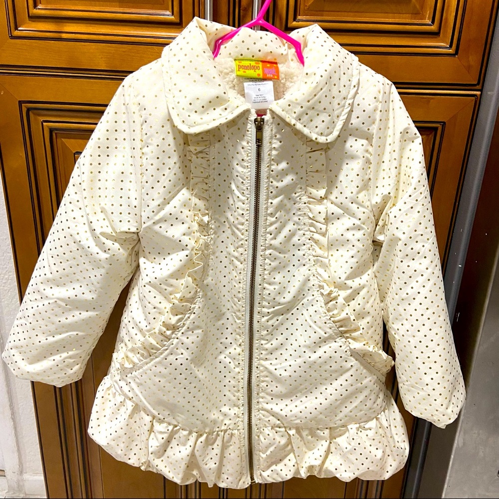 Kid Penelope Mack Cream Gold Polka Dot Sherpa Lined Puffed Jacket / Coat  Size 6